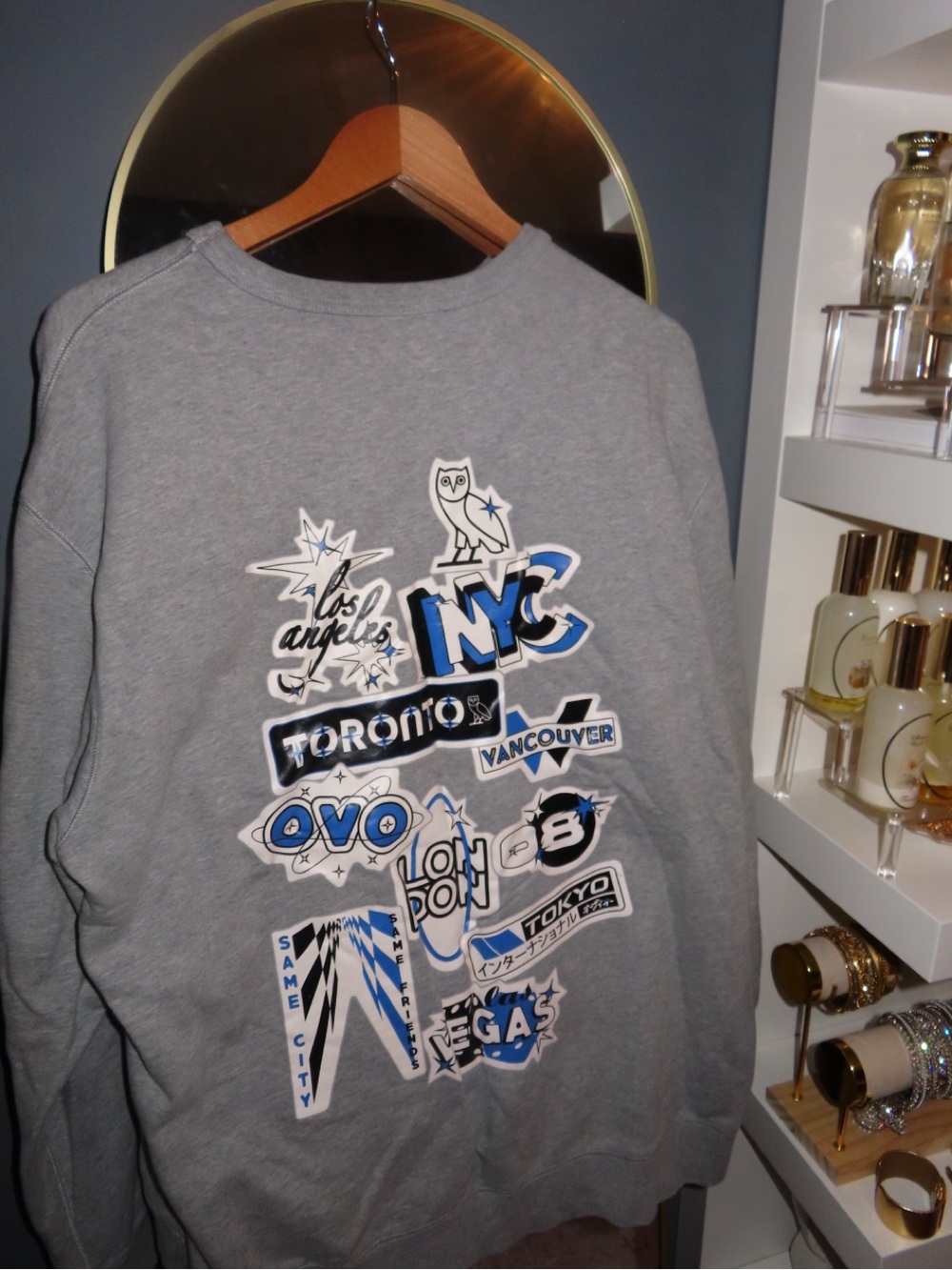 Oversized OVO Light Gray Crewneck with Blue & Black Logo
